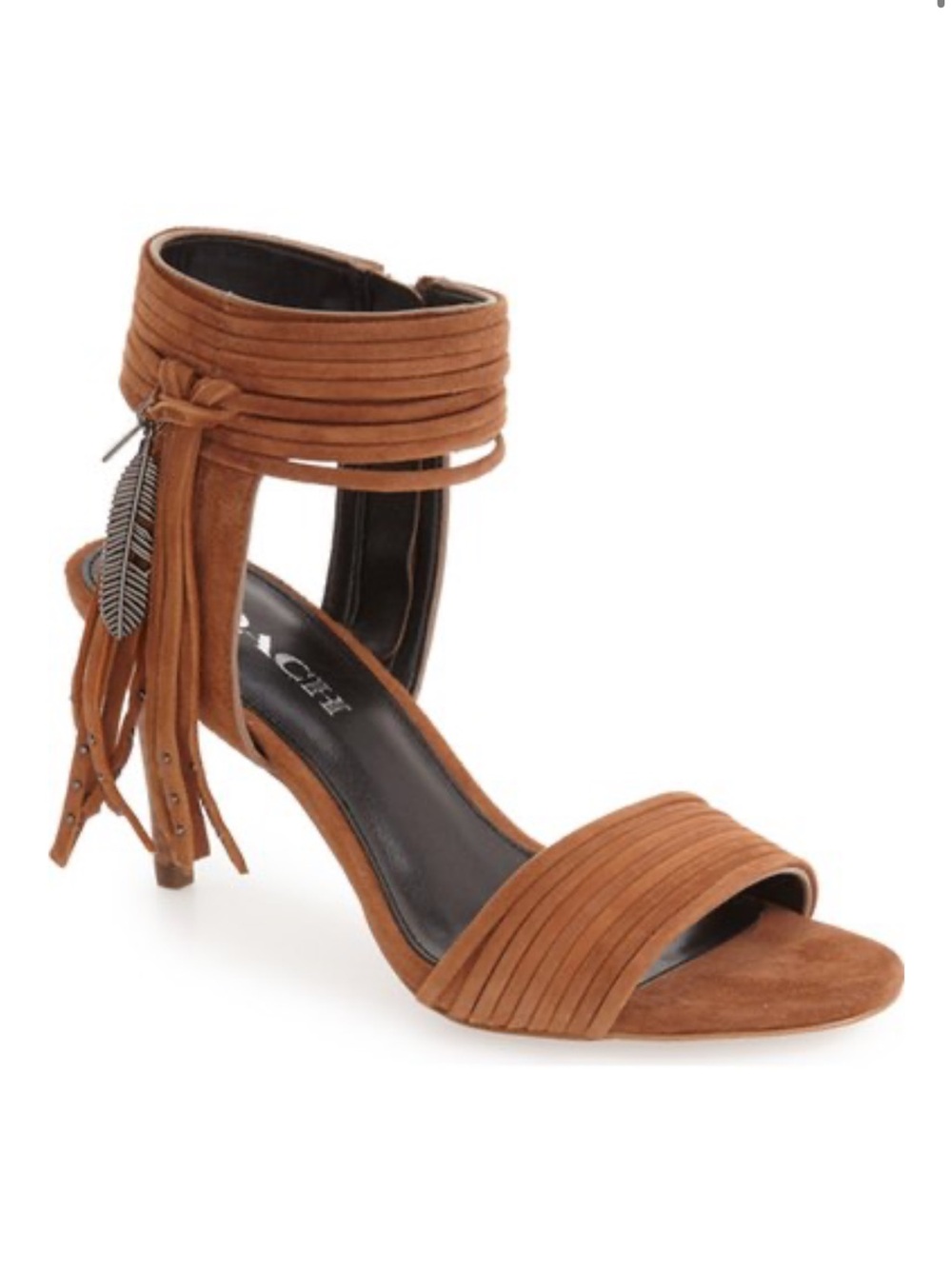 Coach Harvey Fringe ankle cuff brown suede sandal heels size 9